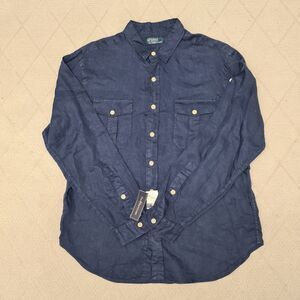 VTG Polo Ralph Lauren Shirt Mens XL 100% Linen Navy Blue 2 Pocket Button Up NWT